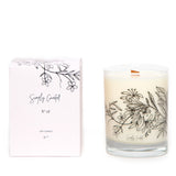 honeysuckle jasmine soy candle with floral illustration on the glass with a crackling wooden wick and a blush gift box