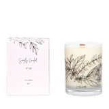 eucalyptus basil star jasmine soy candle with botanical illustration on the glass with a crackling wooden wick and a blush gift box