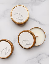 3 soy wax travel candle with crackling wooden wicks in gold tins with you're my favorite on a neutral label in script